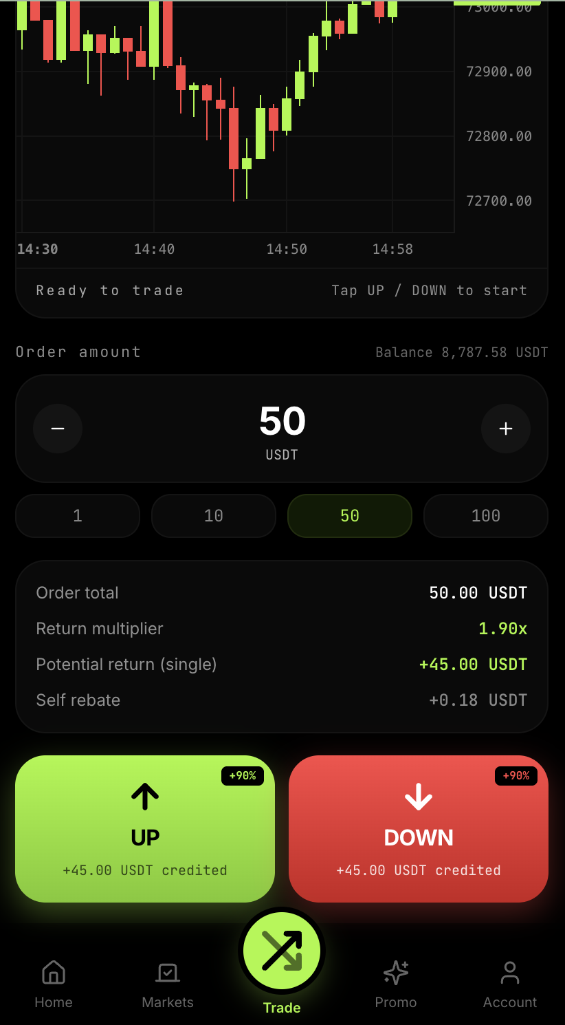 StarX Options trading with candle chart and UP/DOWN